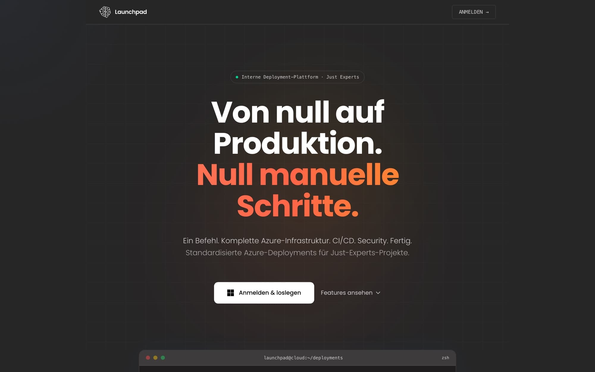 Startseite von Launchpad: die Überschrift „Von null auf Produktion. Null manuelle Schritte." auf dunklem Grund, darunter ein Terminalfenster.